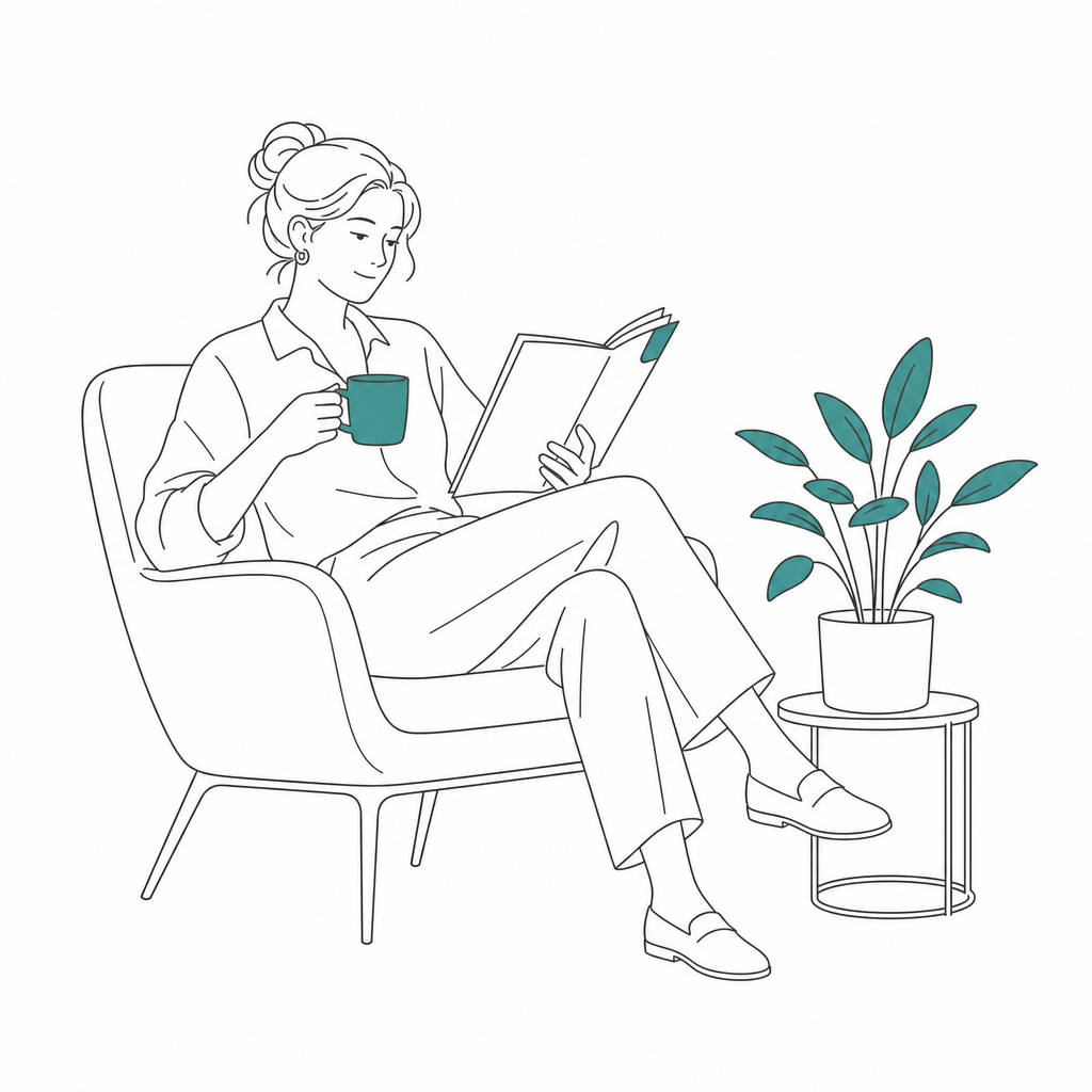 Ilustración editorial de una persona tranquila con un café